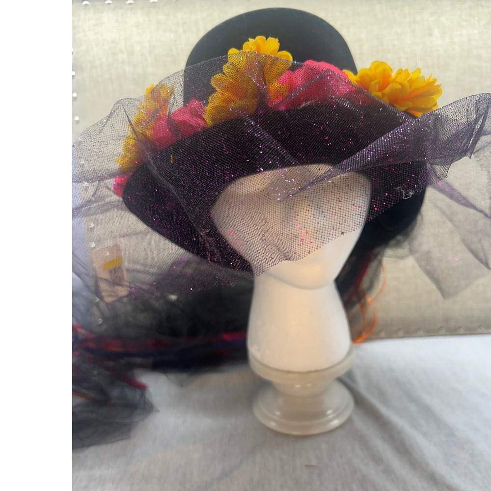 Womens Black Top Hat Floral Veil‎ Ribbons Purple Feathers